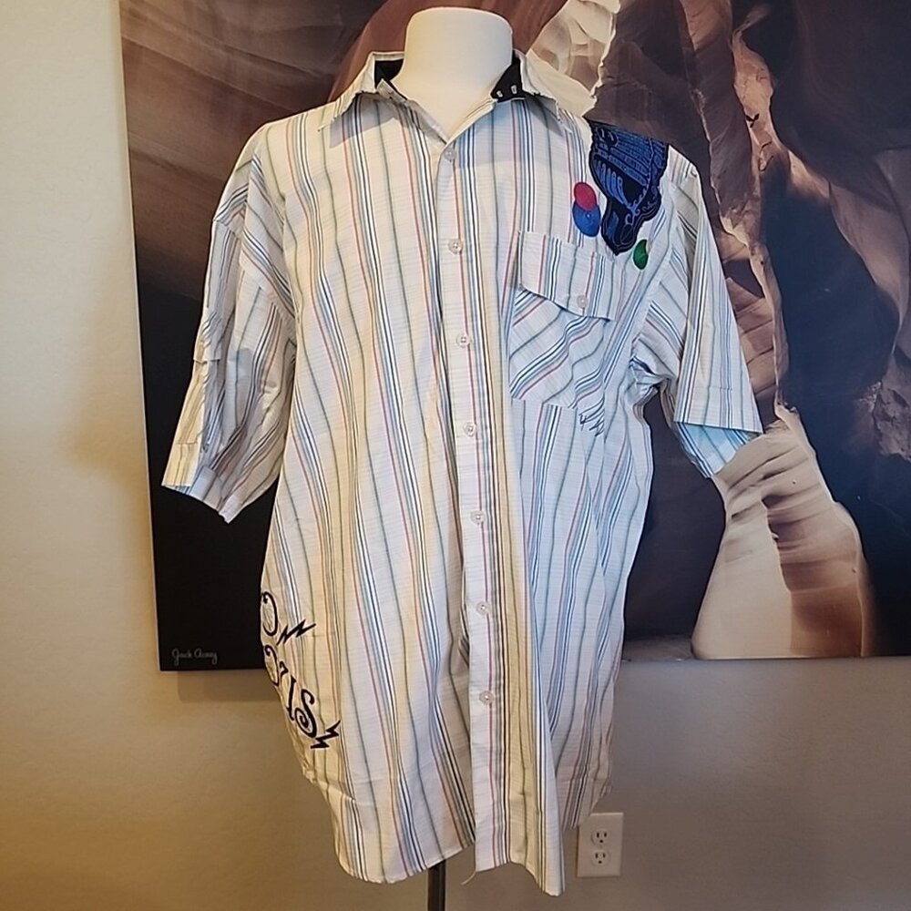 notorious big shirt Mens 3x White Pink Blue Stripe Button Short Sleeve